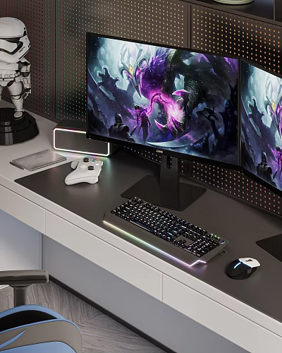 Gaming Entertainment Room Setup With Dual Monitors Gaming Screens Game Controller Keyboard And Mouse 3d model