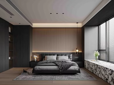 Modern Bedroom Interior With Striped Wooden Accent Wall Grey Bed Nightstands Table Lamps And Blinds 3d model