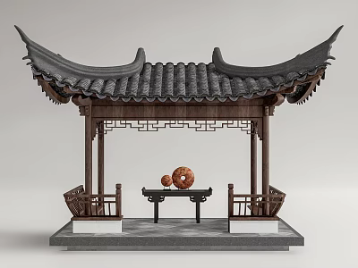 Traditional Chinese Pavilion With Curved Eaves Roof Wooden Structure And Stone Table 3d model