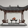 Traditional Chinese Pavilion With Curved Eaves Roof Wooden Structure And Stone Table