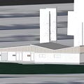 Modern Building With White Walls Dark Roof And Water Reflection Near Trees