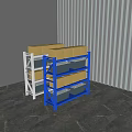 Blue and White Display Shelves with Yellow Boxes and Gray Storage Bins in Warehouse