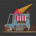 Ice Cream Truck Setup With Blue Exterior Orange Cone Pink Ice Cream Red Tables Chairs