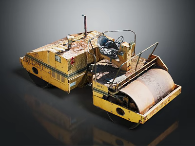Old Yellow Construction Road Roller Equipment With Drum And Driver Seat 3d model