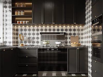 Modern Bathroom Interior With Black Cabinets And Patterned Tile Walls Design 3d model
