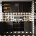 Modern Bathroom Interior With Black Cabinets And Patterned Tile Walls Design