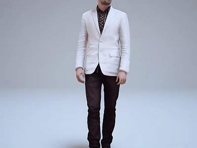 Stylish Man In White Blazer With Patterned Shirt And Dark Pants 3d model