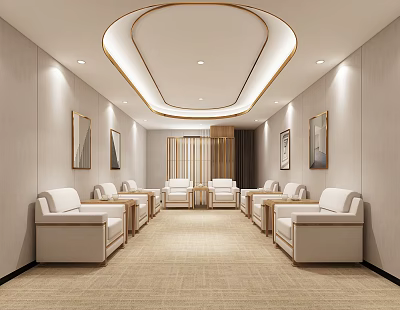 Modern Hotel Public Lounge Area With Beige Sofas Light Carpet Wall Paintings And Curved Ceiling 3d model