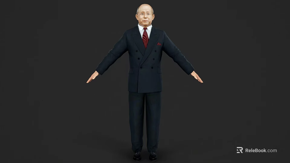 Man In Dark Double Breasted Suit With Red Tie And Outstretched Arms On Dark Background 3d model 
