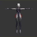 Cybernetic Game And Movie Character With Silver Metallic Body Red Glowing Lines And Outstretched Arms