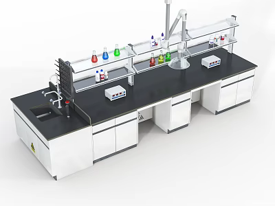 Modern Laboratory Setup With Black Lab Bench Colorful Reagent Bottles And Shelves 3d model