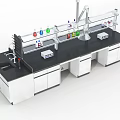 Modern Laboratory Setup With Black Lab Bench Colorful Reagent Bottles And Shelves