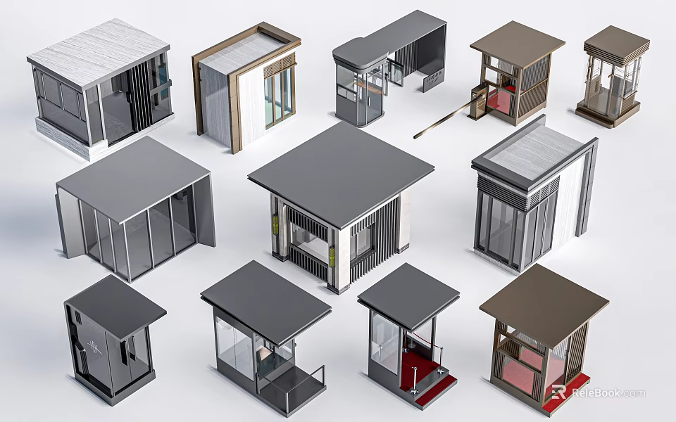 Diverse Modern Kiosk Architectural Styles With Different Roof Types And Glass Features 3d model 