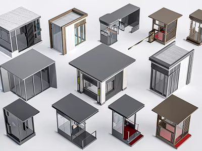 Diverse Modern Kiosk Architectural Styles With Different Roof Types And Glass Features 3d model