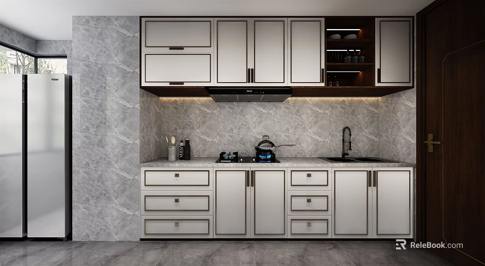 Sleek Modern Kitchen Interior With Marble Backsplash White Cabinets Countertop And Range Hood 3d model