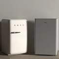 Modern White SMEG and Gray Midea Refrigerators in Minimalist Interior