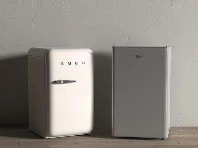 Modern White SMEG and Gray Midea Refrigerators in Minimalist Interior 3d model