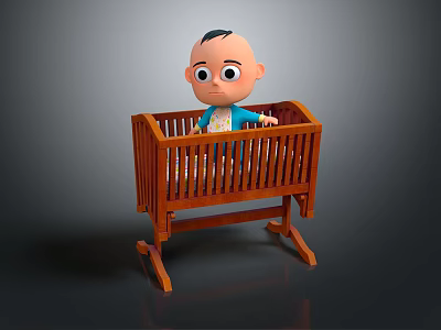 Animated Cartoon Baby Character Standing in Wooden Crib with Blue Clothing 3d model
