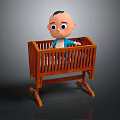 Animated Cartoon Baby Character Standing in Wooden Crib with Blue Clothing