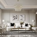 Open Concept Modern Luxury Living Dining Room with Chandeliers White Sofa Dining Table Beige Decor