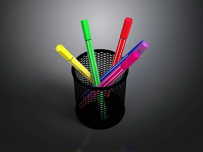 Colorful Writing Pens in Black Mesh Pen Holder for Office Desk 3d model