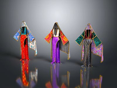 Three Stylish Traditional Ethnic Robes With Vibrant Colorful Patterns And Decorative Sleeves 3d model
