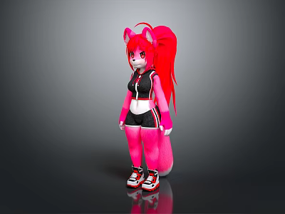 Anthropomorphic Pink Creature Red Long Hair Ponytail Black Pink Sportswear Fluffy Tail White Red Sneakers 3d model
