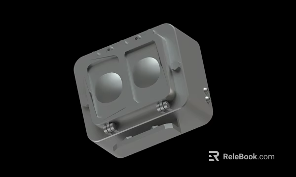 Gray Cube Shaped Mechanical Enclosure Featuring Two Circular Holes And Mounting Screws 3d model 
