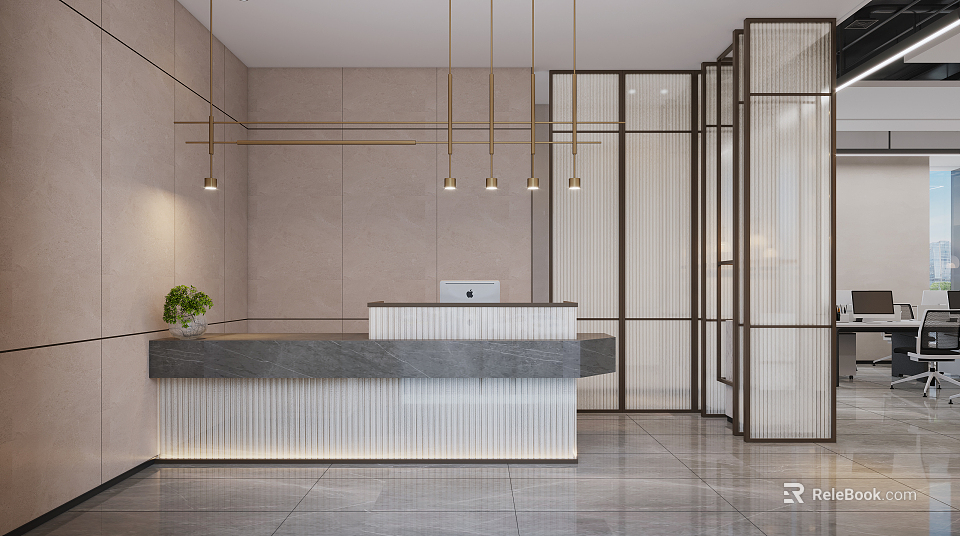 Modern Front Reception Desk with Marble Countertop Hanging Lights Glass Partition and Green Plant 3d model 