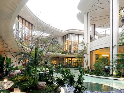 Lush Indoor Atrium Garden With Curved Roof Water Feature And Green Plants 3d model