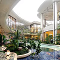 Lush Indoor Atrium Garden With Curved Roof Water Feature And Green Plants