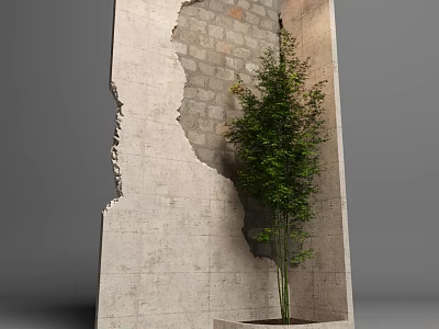 Cracked Concrete Building Exterior Wall With Exposed Brick And Small Green Tree 3d model