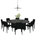 Modern Round Dining Table Set with Black Chairs Green Plants and Hanging Light 3d model