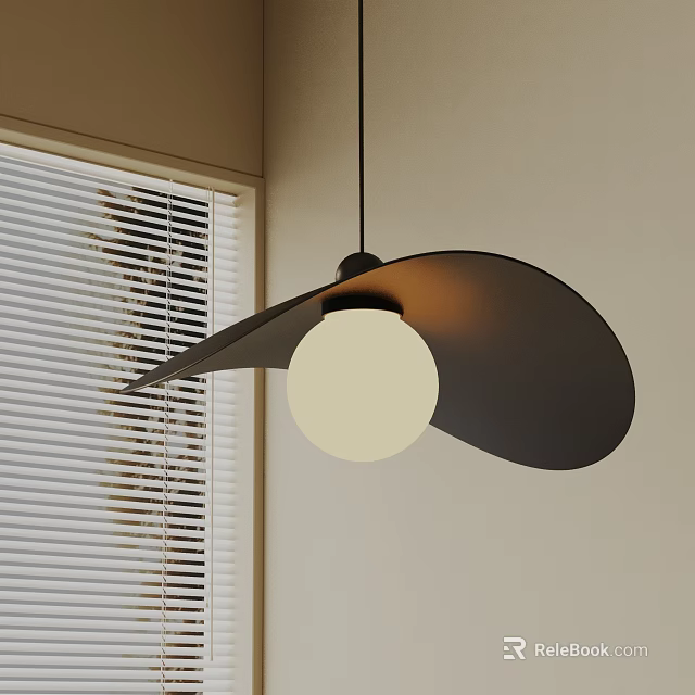 Modern Pendant Light With Black Shade And White Globe In Interior Room With Blinds 3d model 