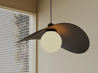 Modern Pendant Light With Black Shade And White Globe In Interior Room With Blinds 3d model