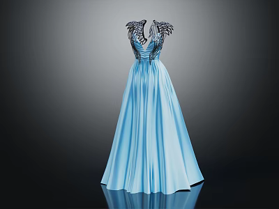 Elegant Blue Satin Evening Gown With Black Wing Decorations And V Neck Design 3d model