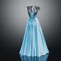 Elegant Blue Satin Evening Gown With Black Wing Decorations And V Neck Design