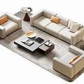 Modern Light Beige Sofa and Coffee Table Set With Orange Accent Pillows and Wooden Table