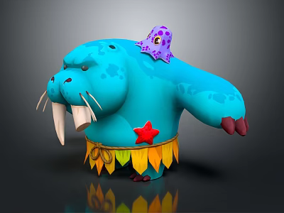 Blue Walrus Character With Purple Octopus Spots White Tusks Red Star And Fringe Skirt 3d model