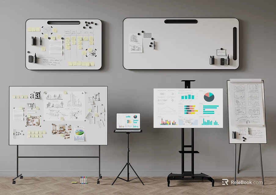 TV Screen Displaying Charts And Notes In Presentation Setup With Whiteboards And Sticky Notes 3d model 