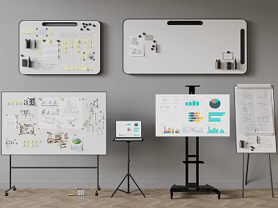 TV Screen Displaying Charts And Notes In Presentation Setup With Whiteboards And Sticky Notes 3d model