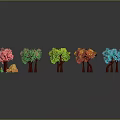 Colorful Trees with Multicolored Flowers Brown Trunks Green Grass and Stone