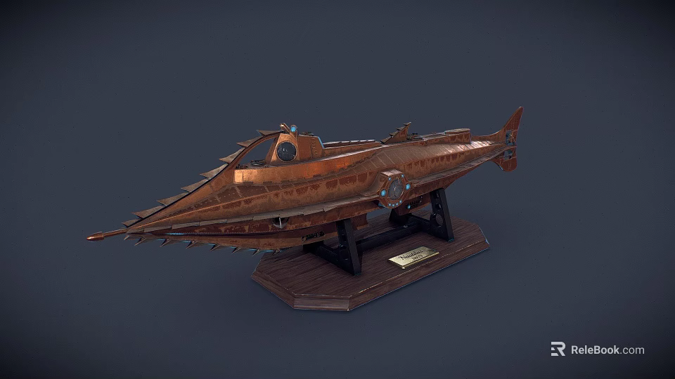 Copper Colored Water Vehicle Model With Sharp Bow On Wooden Base 3d model 