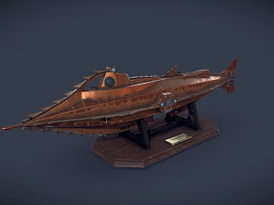 Copper Colored Water Vehicle Model With Sharp Bow On Wooden Base 3d model