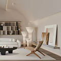 Modern Living Room Interior With White Sofa Wooden Chairs Large Plant Bookshelf And Coffee Table