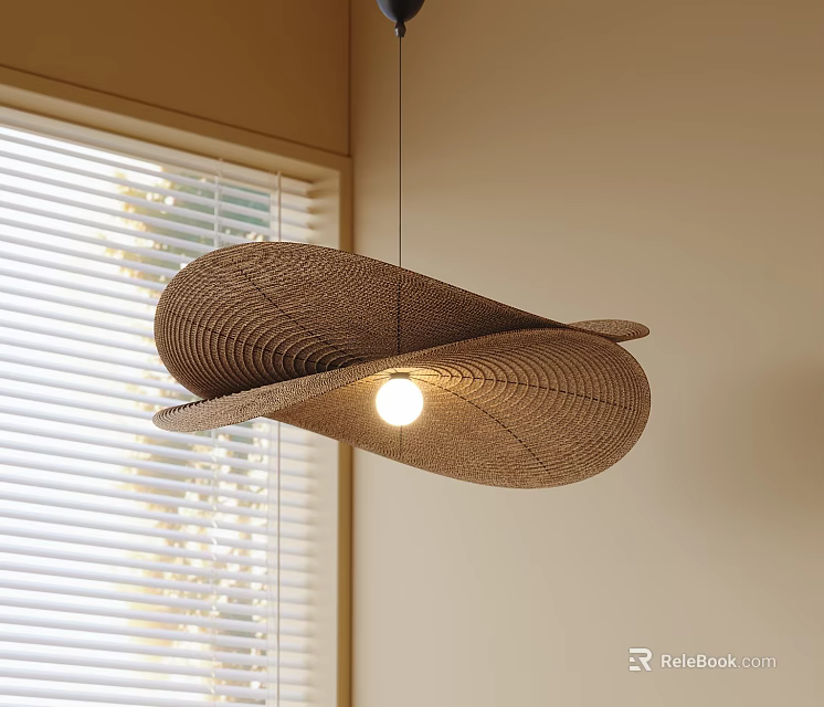 Brown Woven Wave Shaped Pendant Light Hanging In Indoor Space With Window Blinds 3d model 