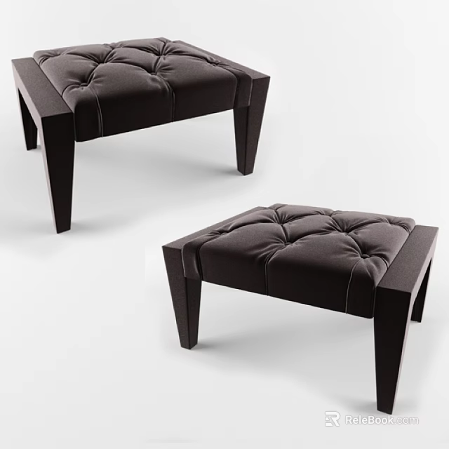 Modern Black Tufted Upholstered Sofa Stools With Wooden Legs For Living Room 3d model 