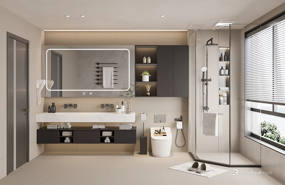 Modern Bathroom Interior With Double Vanity Large Mirror Dark Cabinets And Shower Area 3d model 