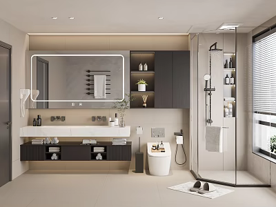 Modern Bathroom Interior With Double Vanity Large Mirror Dark Cabinets And Shower Area 3d model
