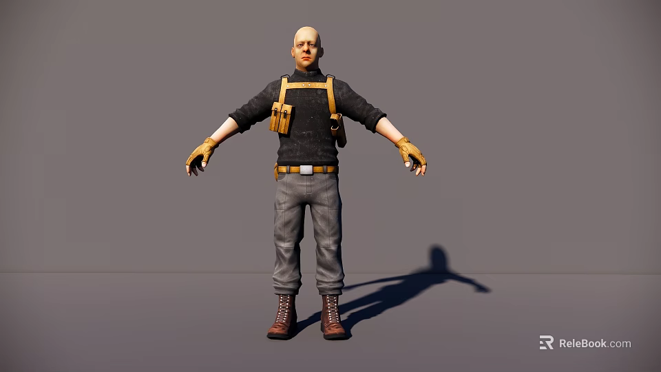 Man with Black Top Yellow Harness Gloves Gray Pants and Brown Boots Against Gray Background 3d model 